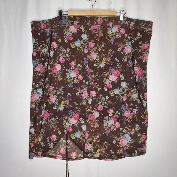 Torrid Skirt 6X Brown Floral Mesh Lined Stretch Drawstring Cinched Midi Pull-On - Picture 2 of 8